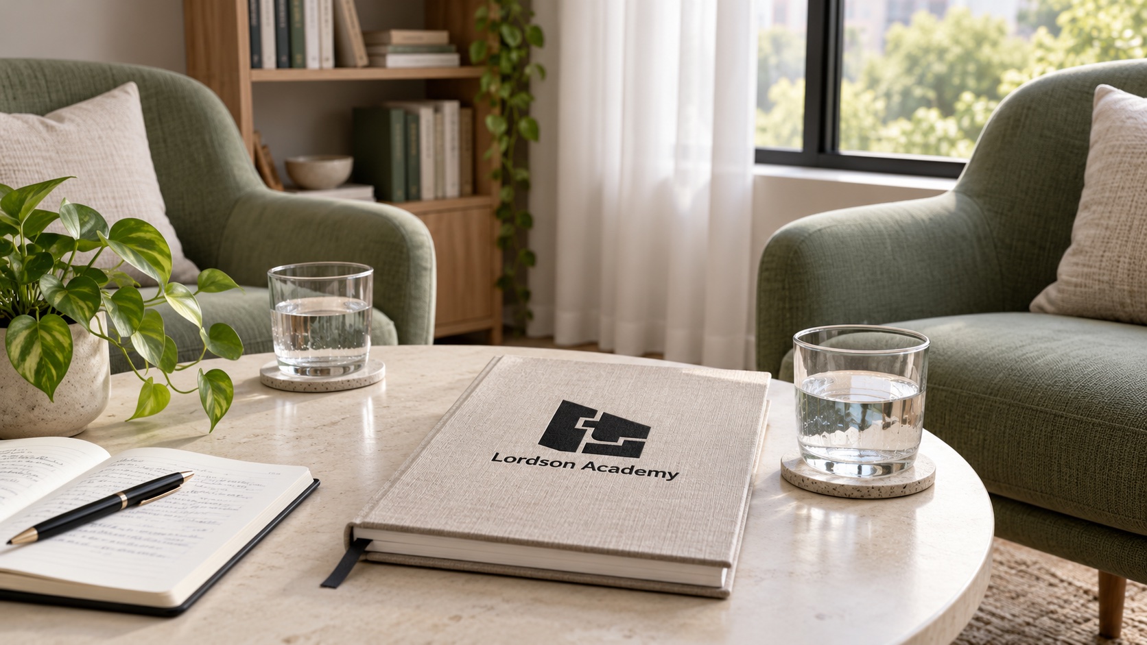 KI-generiertes Symbolbild eines Mentoringraums mit Lordson-Academy-Notizbuch