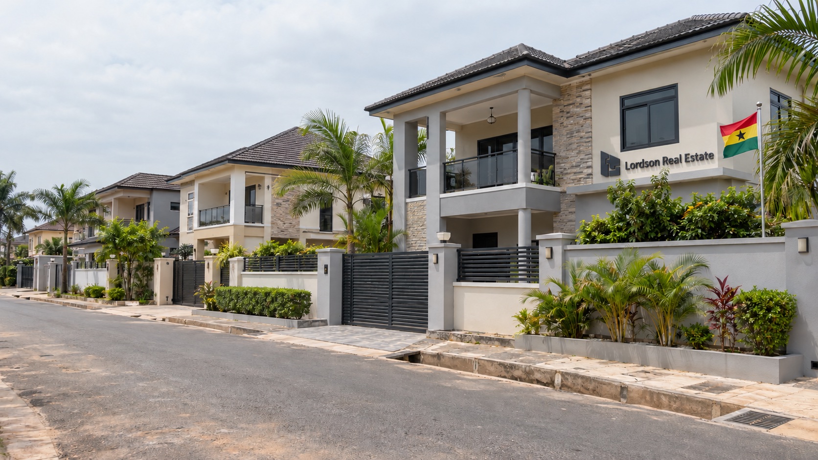 Fotorealistisch gestaltete KI-Architekturvision: Wohnhäuser in Ghana bei Tageslicht