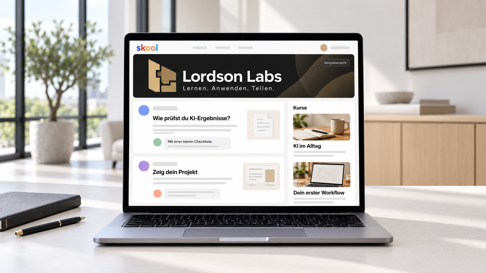 KI-generierte Beispielansicht von Lordson Labs auf Skool mit farbigem Markenzeichen, Beiträgen, Antworten und Kurskarten