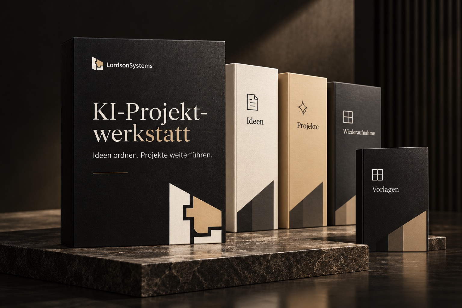 KI-Projektwerkstatt: räumliche Produktinszenierung mit schwarzer Box und aufgefächerten digitalen Bestandteilen