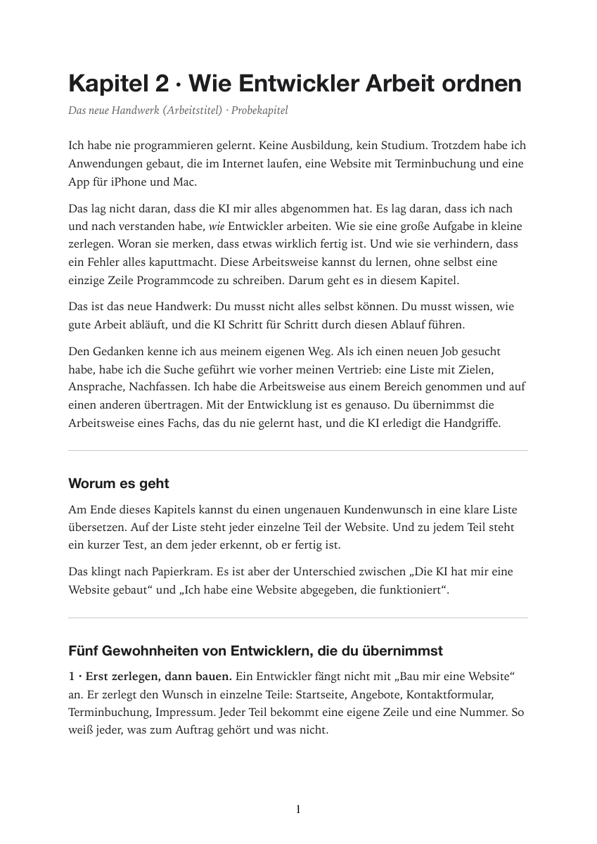 Erste Seite des Probekapitels: Wie Entwickler Arbeit ordnen