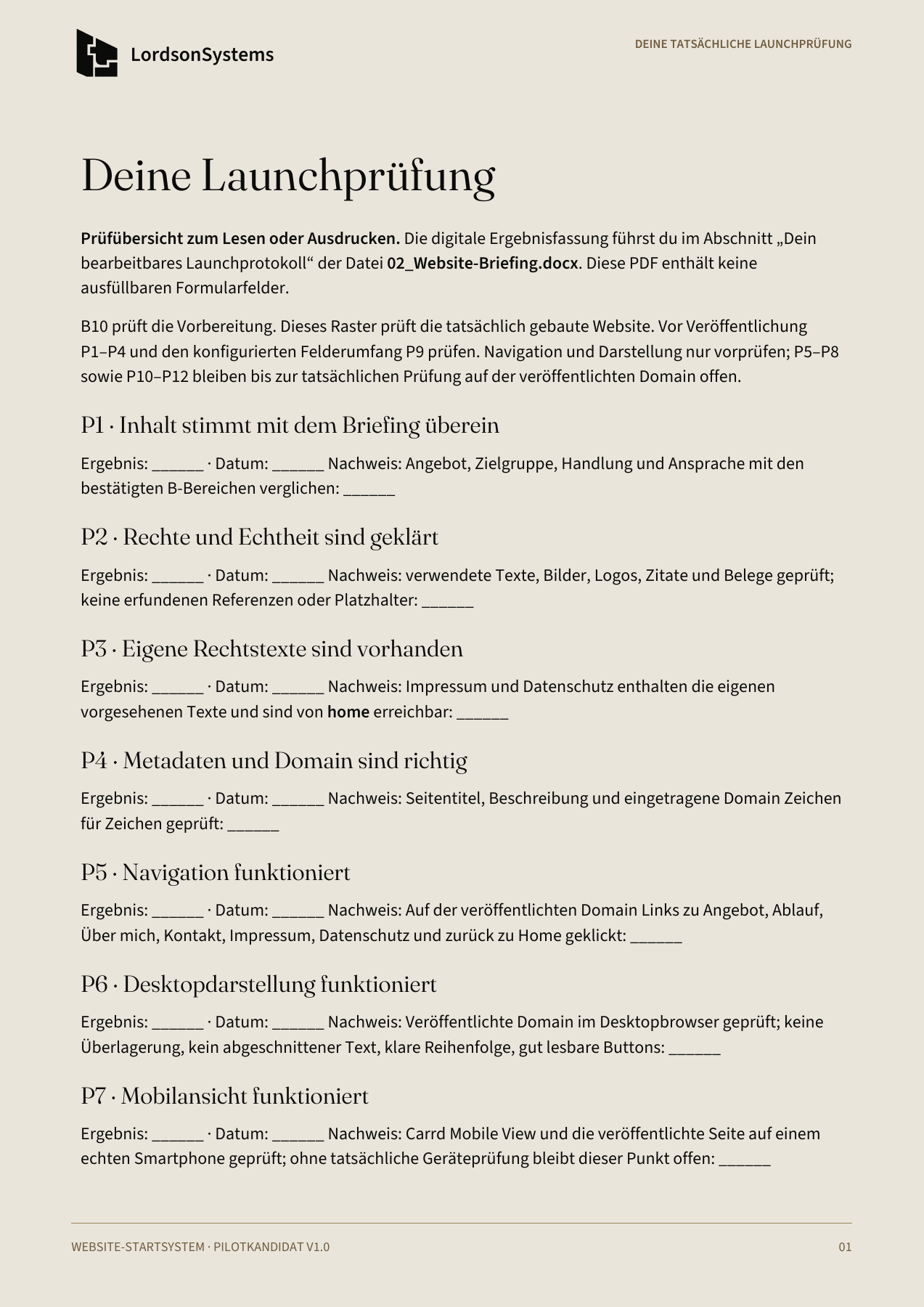 Original first page of the launch checklist