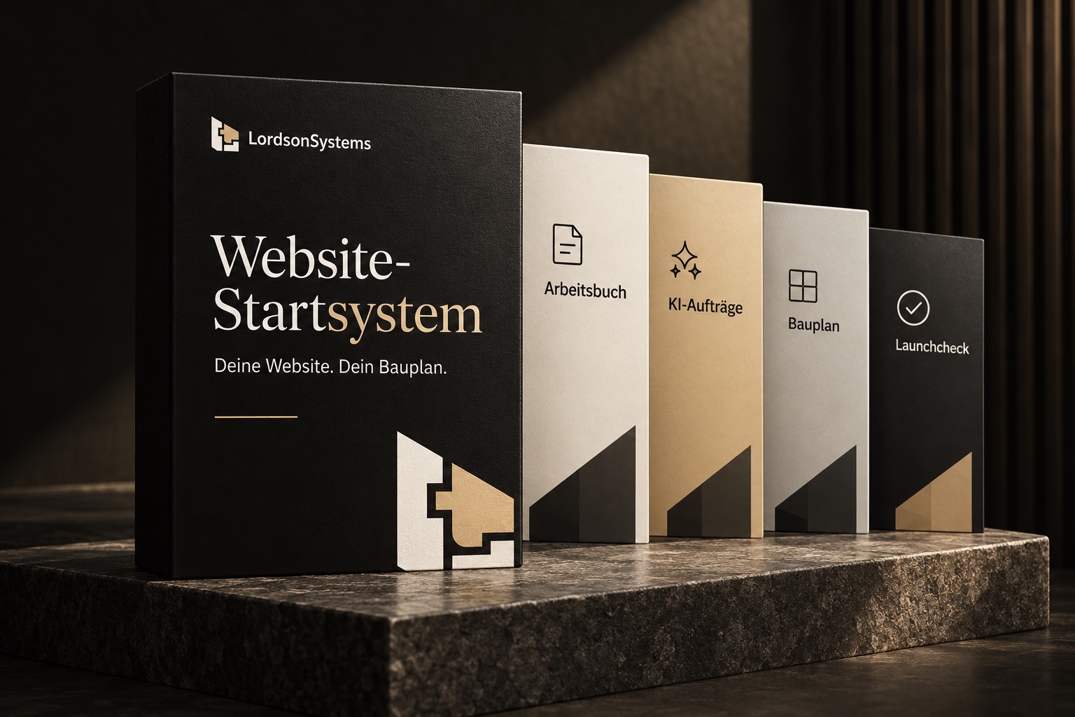 Website-Startsystem: räumliche Produktinszenierung mit schwarzer Box und aufgefächerten digitalen Bestandteilen